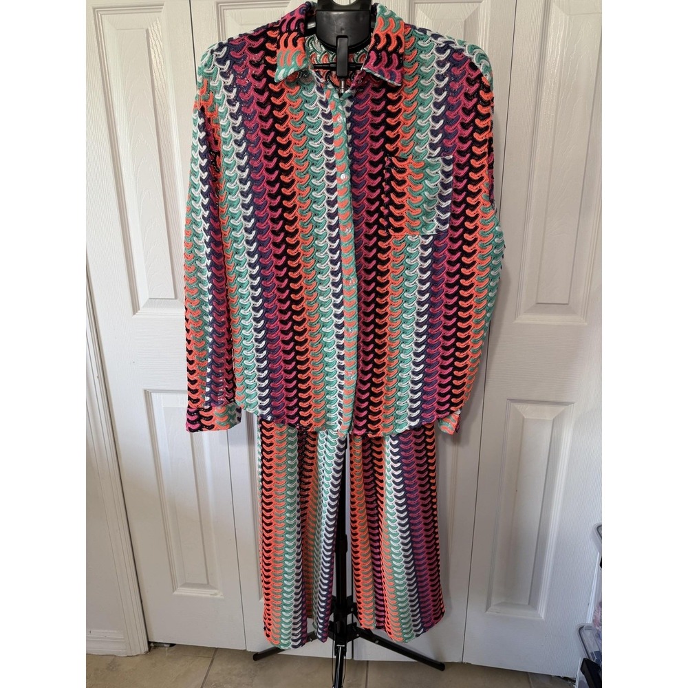Musera Cover Up Set Womens M Multicolor Chevron Crochet Sheer 2pc Boho Beach